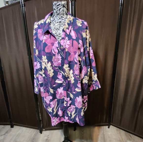 Catherines  floral georgette button down roll tab sleeves  3x nwt work Wear - Picture 12 of 12